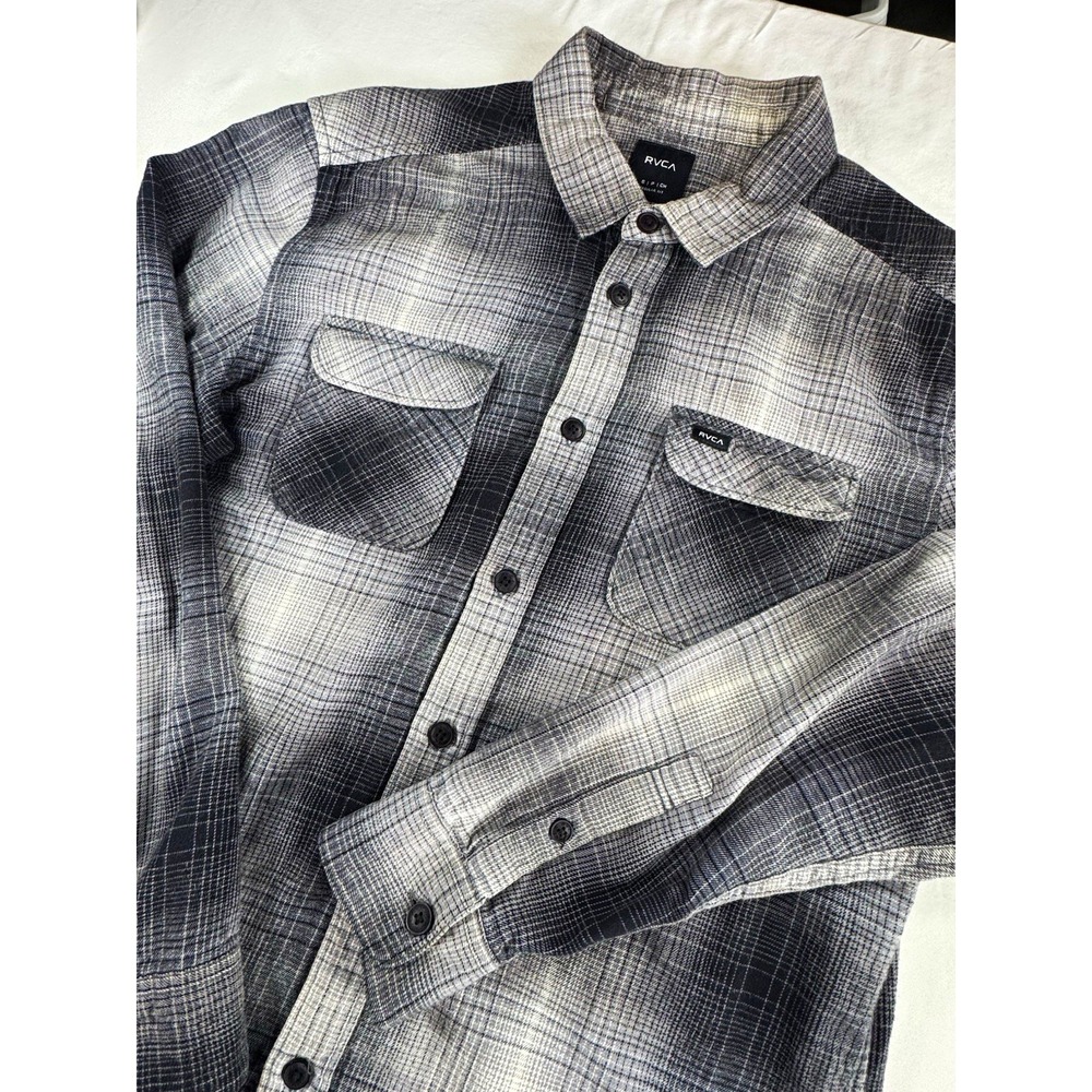 RVCA SIPICH Mens XL Gray Black White Plaid Flannel Cotton Button-Up Pockets